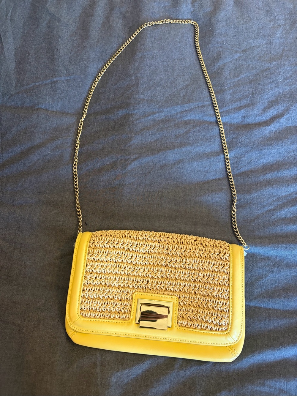 Talbots Yellow and Natural Woven Crossbody with Gold Chain